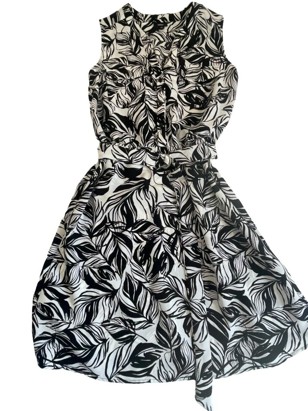 Mossimo Tropical Leaf Print Belted Dress Small Black White